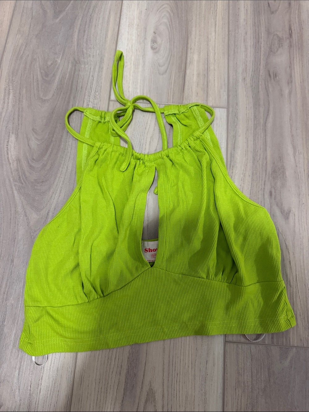 Showpo Neon Lime Ribbed Halter Crop Top